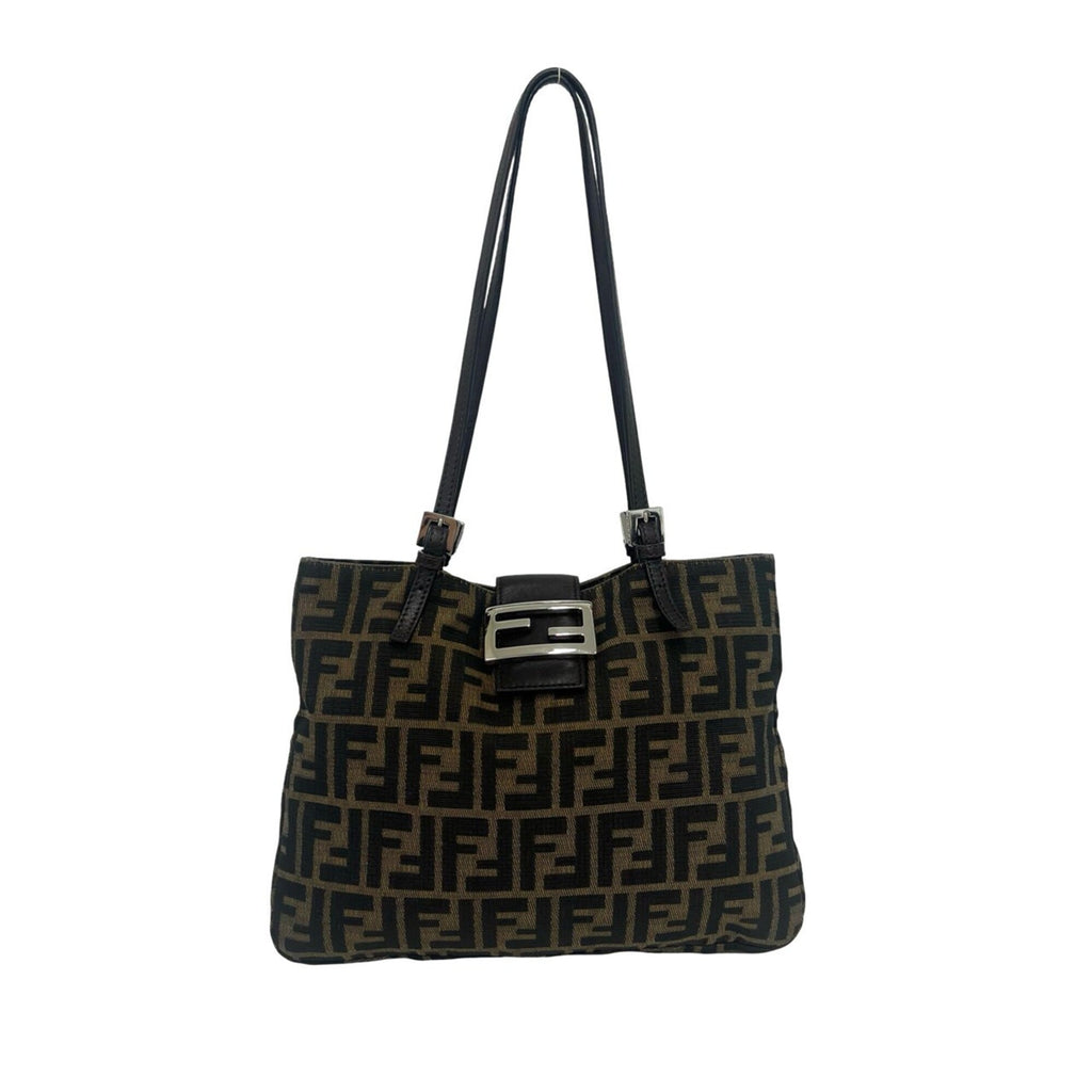Fendi Black Brown Canvas Leather Shoulder Bag Tote Bag (Pre-Owned)