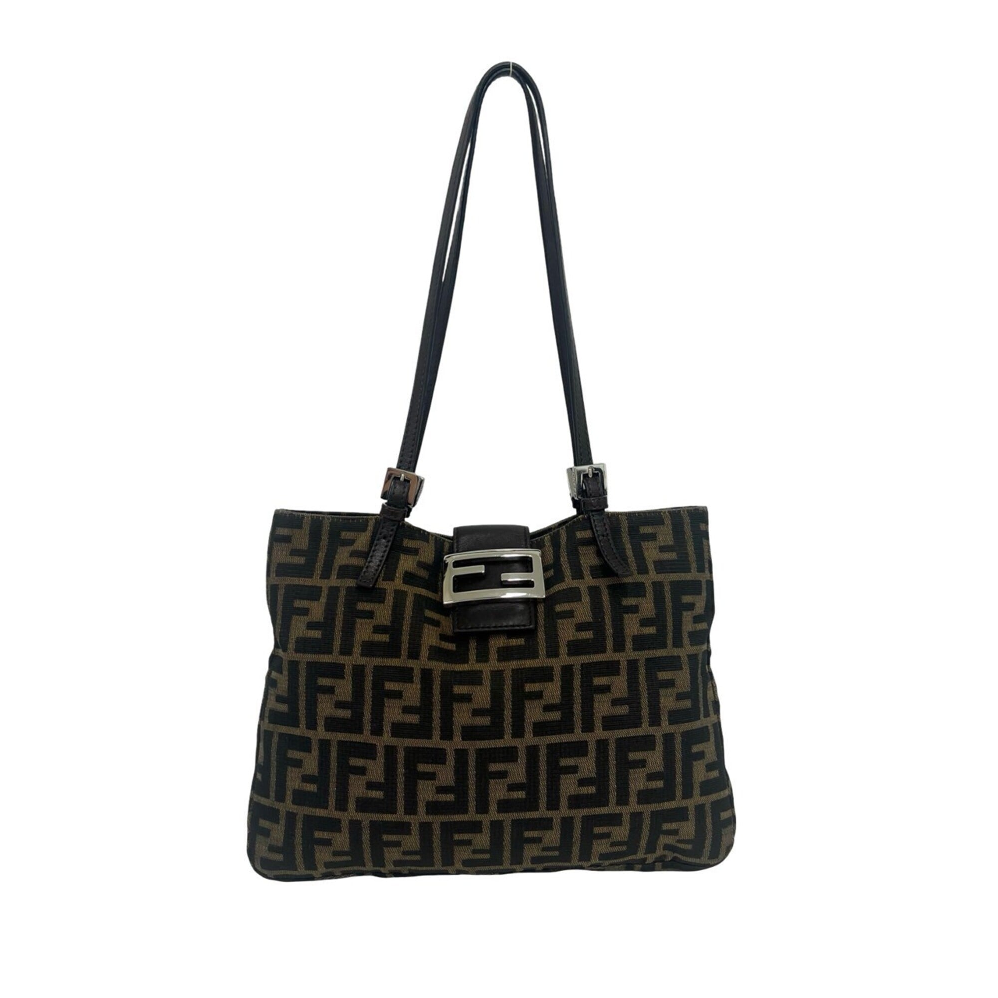 Fendi Black Brown Canvas Leather Shoulder Bag Tote Bag (Pre-Owned)