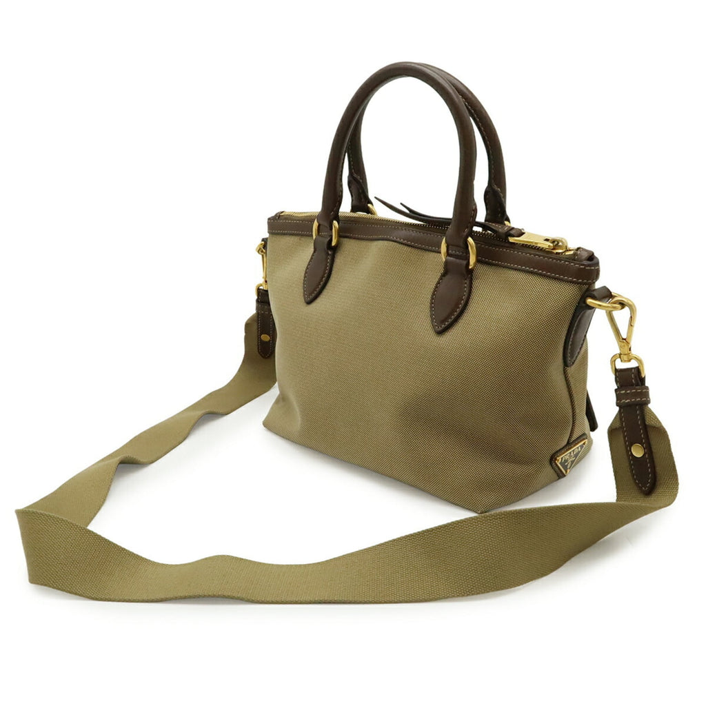 Prada Beige Dark Brown Khaki Canvas Leather Handbag Shoulder Bag (Pre-Owned)