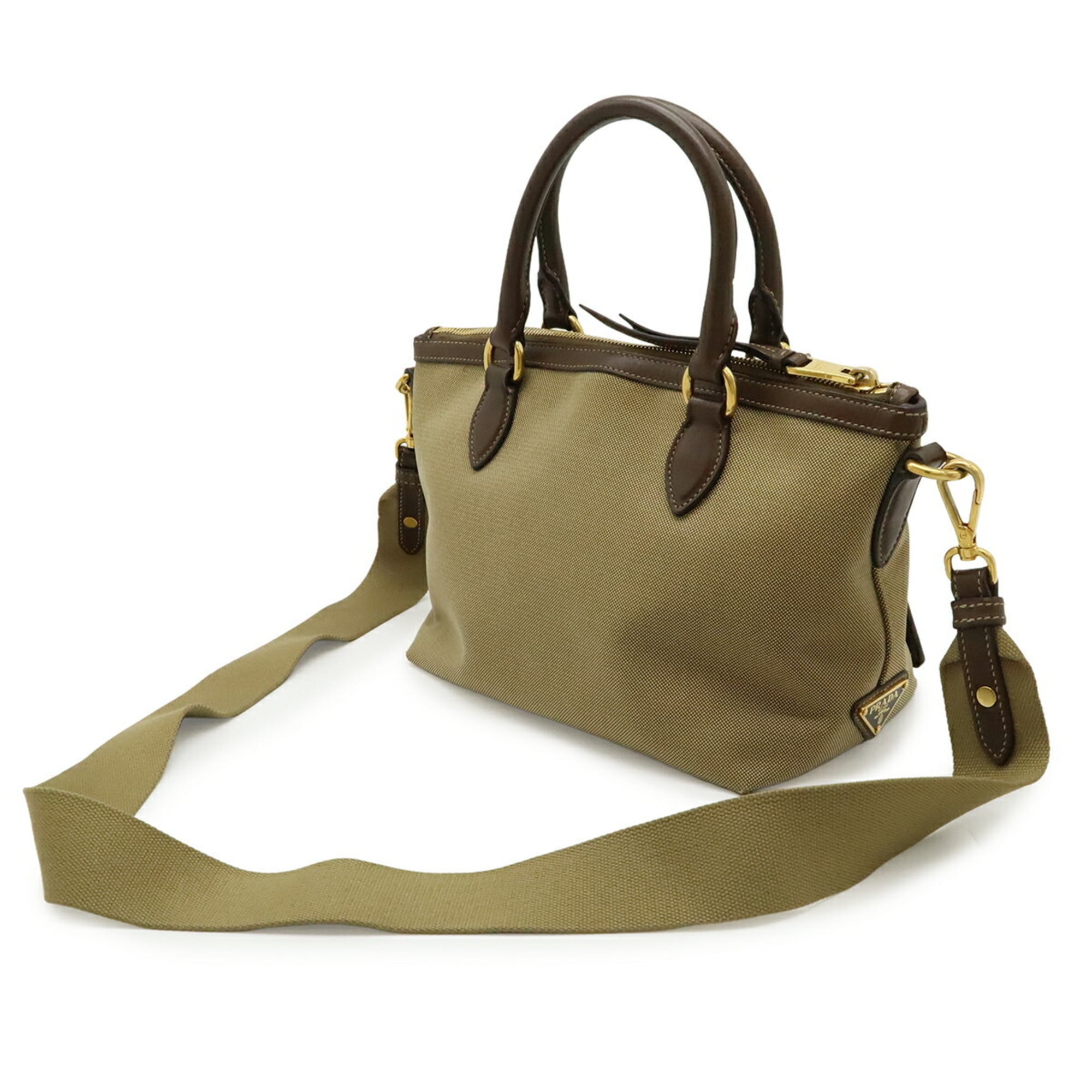 Prada Beige Dark Brown Khaki Canvas Leather Handbag Shoulder Bag (Pre-Owned)