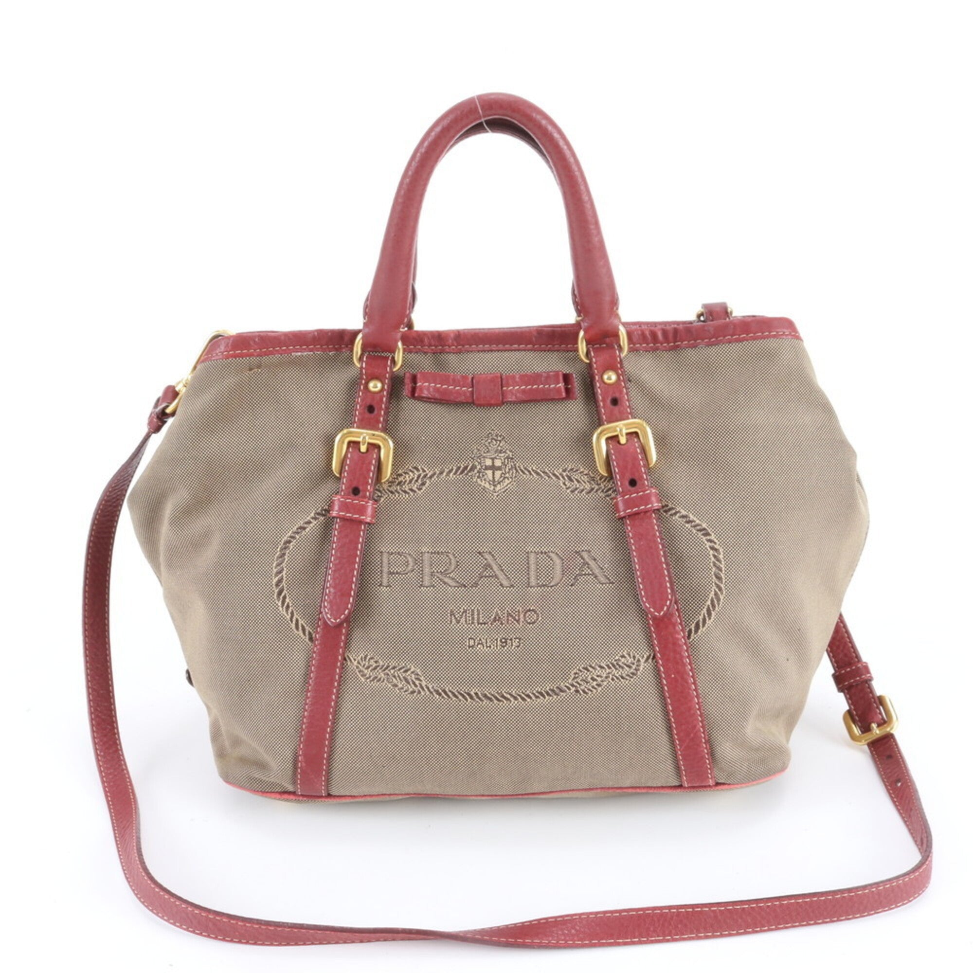 Prada Beige Red Color Leather Handbag Shoulder Bag Tote Bag (Pre-Owned)