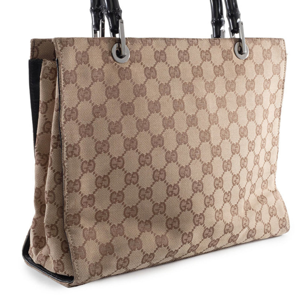 Gucci Beige Black Bamboo Canvas Handbag (Pre-Owned)