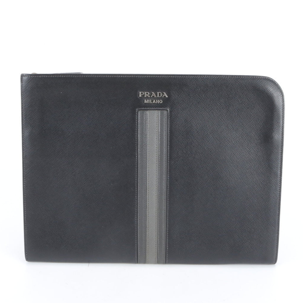 Prada Black Gray Leather Clutch Bag Pouch (Pre-Owned)