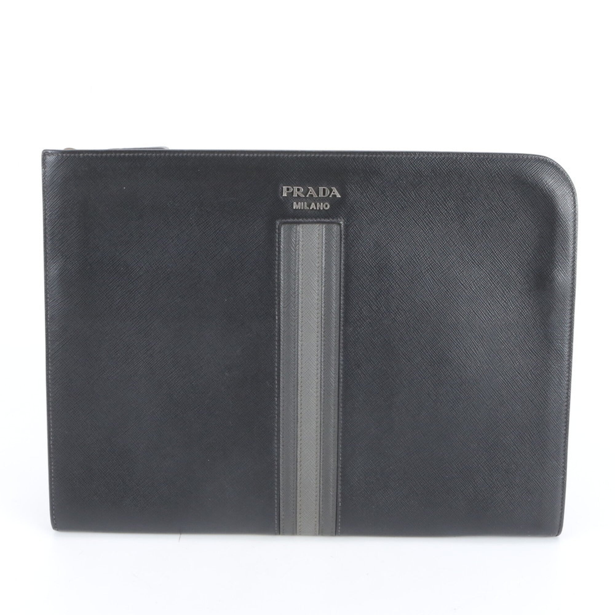 Prada Black Gray Leather Clutch Bag Pouch (Pre-Owned)