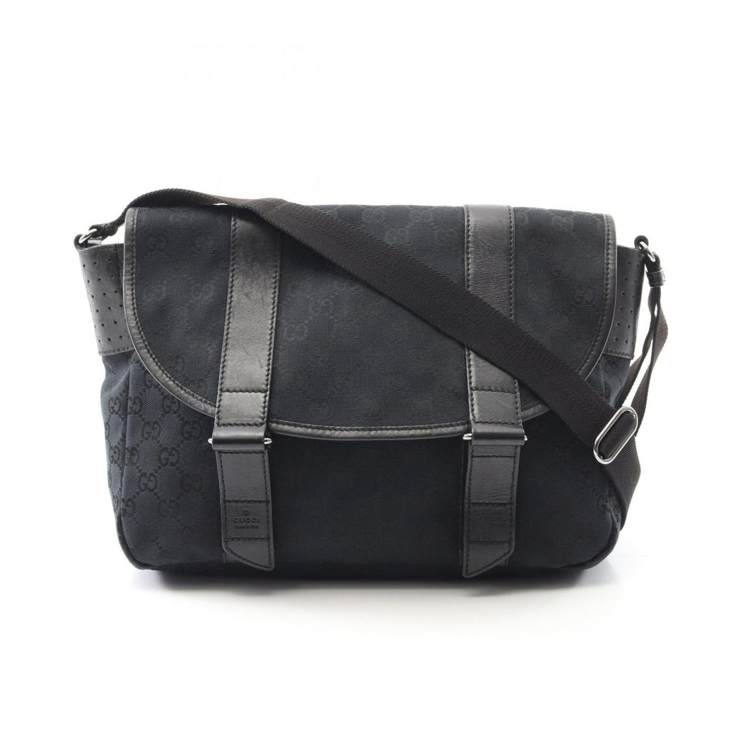 Gucci Black Navy Canvas Leather Shoulder Bag (Pre-Owned)