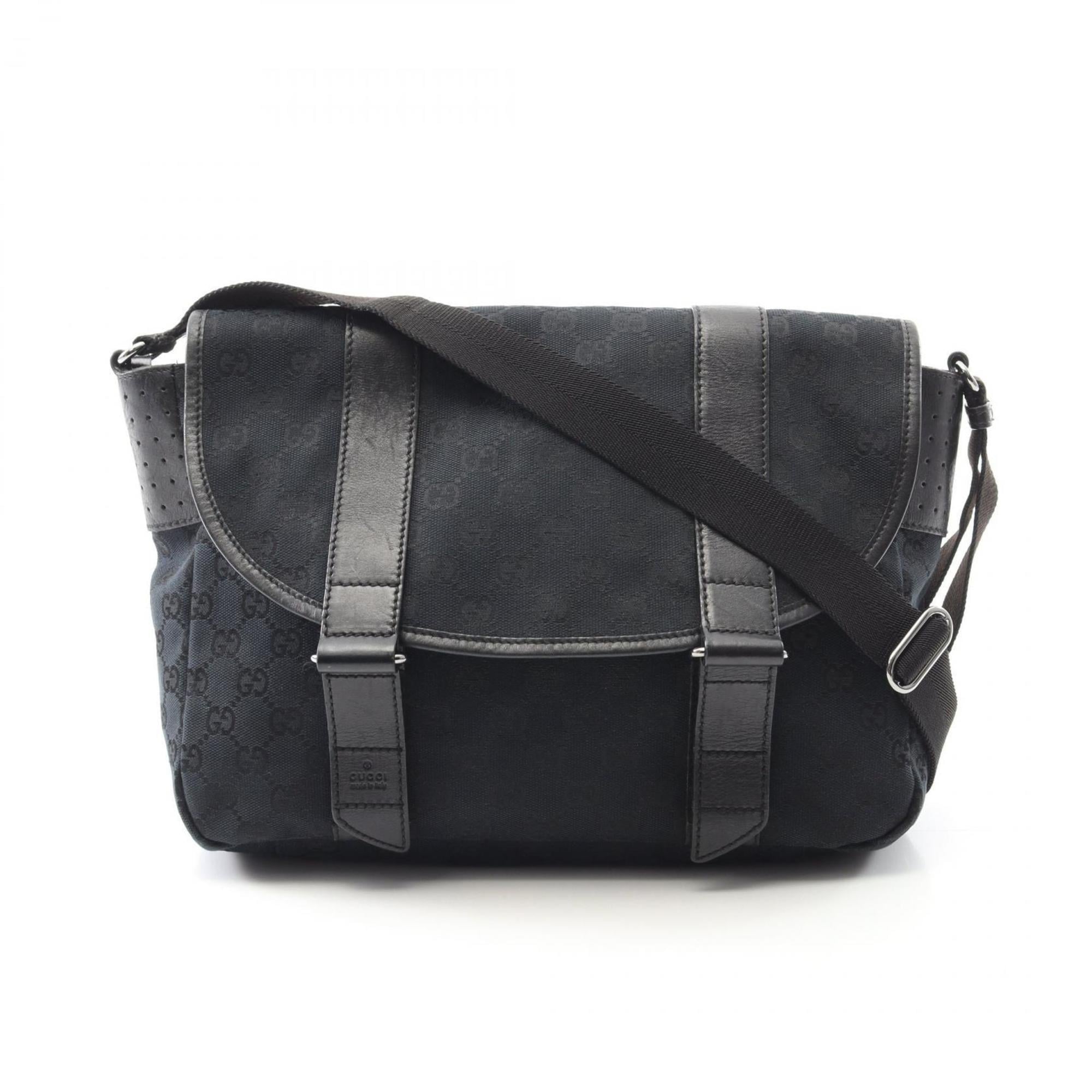 Gucci Black Navy Canvas Leather Shoulder Bag (Pre-Owned)