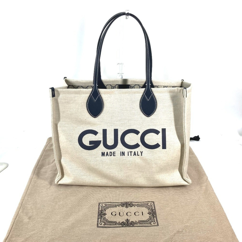Gucci Beige Black Dark Navy Canvas Leather Shoulder Bag Tote Bag (Pre-Owned)