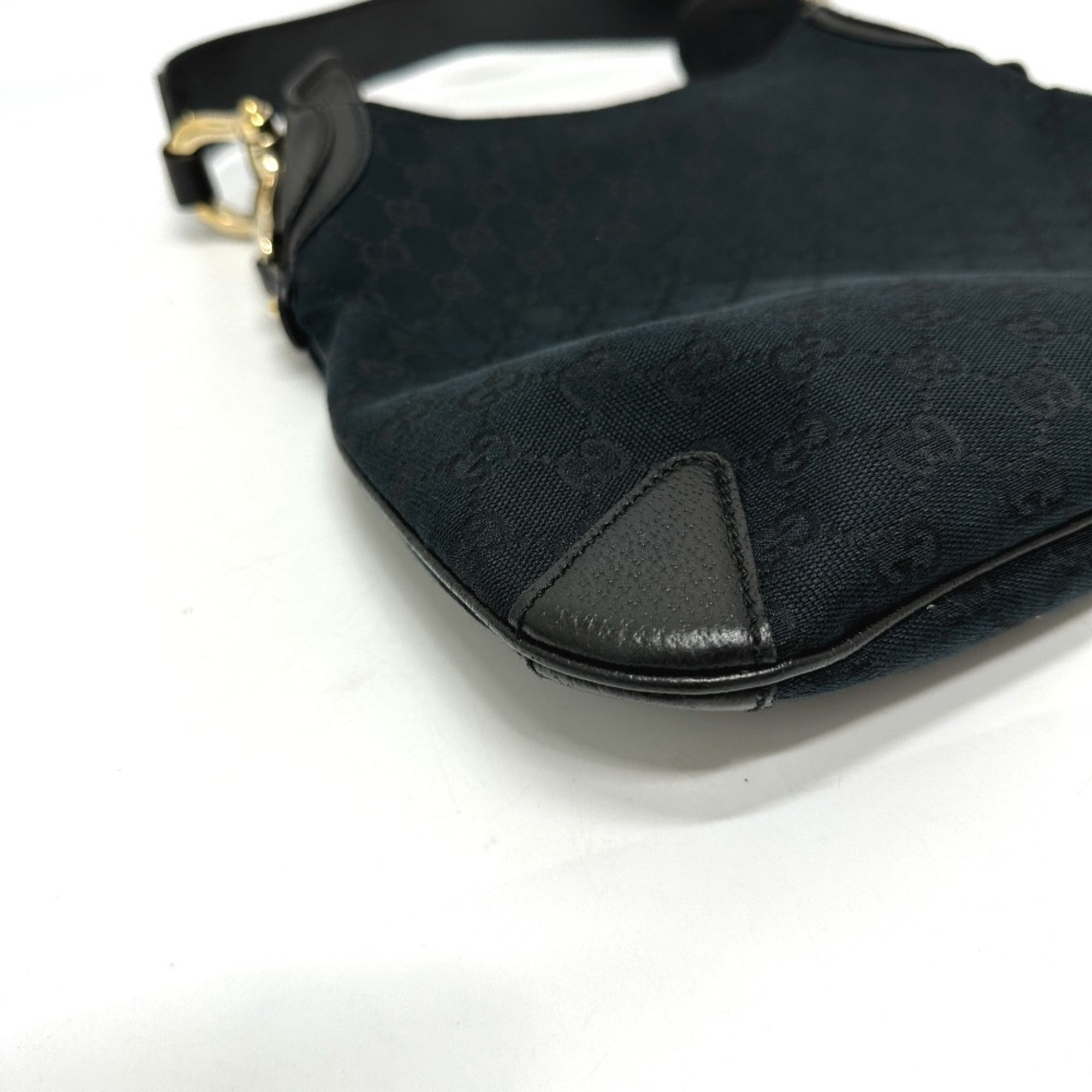 Gucci Horsebit Black Gg Canvas Leather Handbag Shoulder Bag (Pre-Owned)
