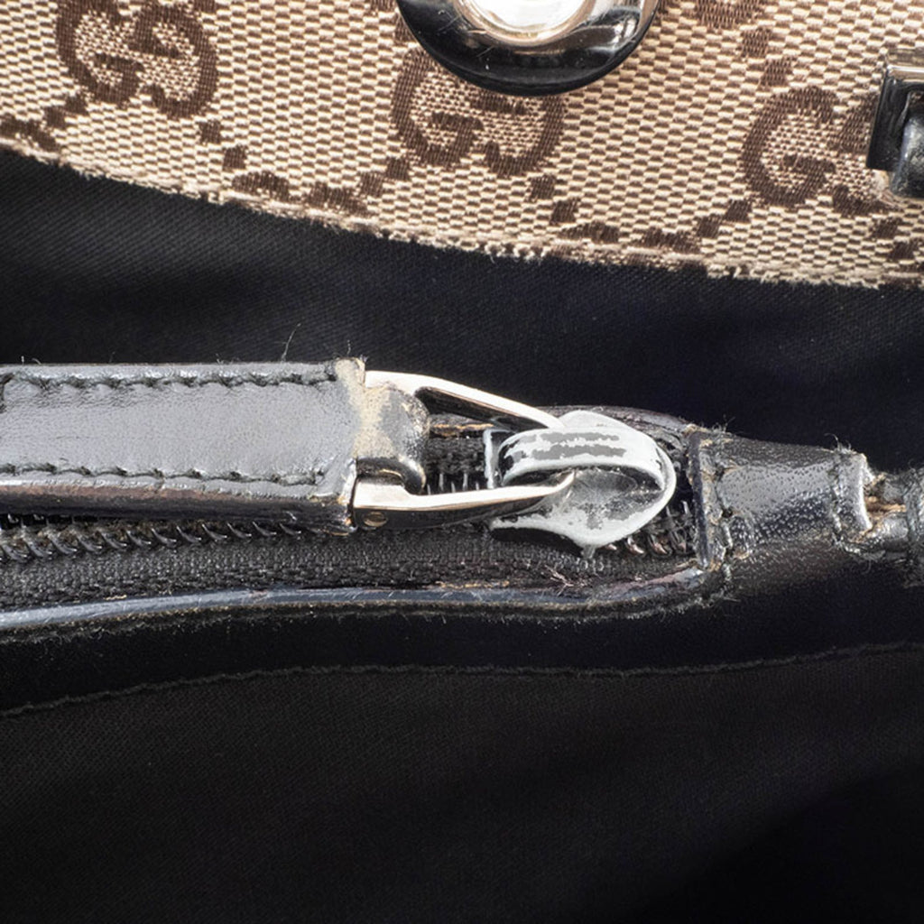 Gucci Beige Black Bamboo Canvas Handbag (Pre-Owned)