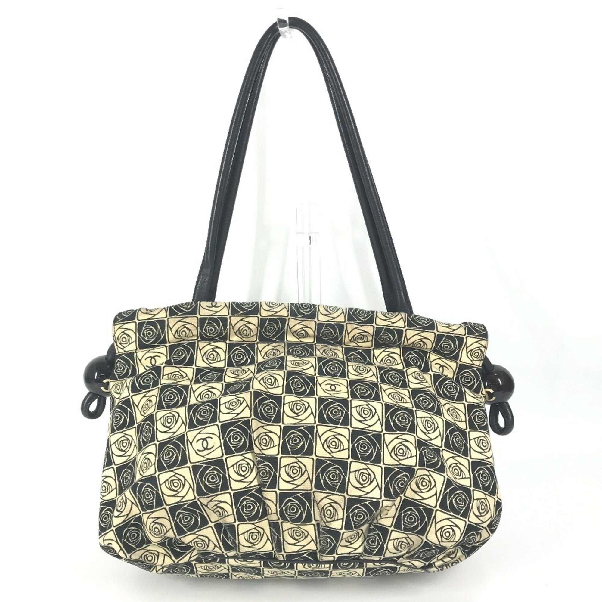 Chanel Camellia Black White Canvas Shoulder Bag Tote Bag (Pre-Owned)