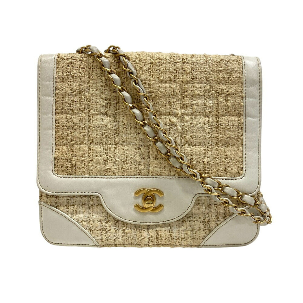 Chanel Beige White Tweed Leather Shoulder Bag (Pre-Owned)