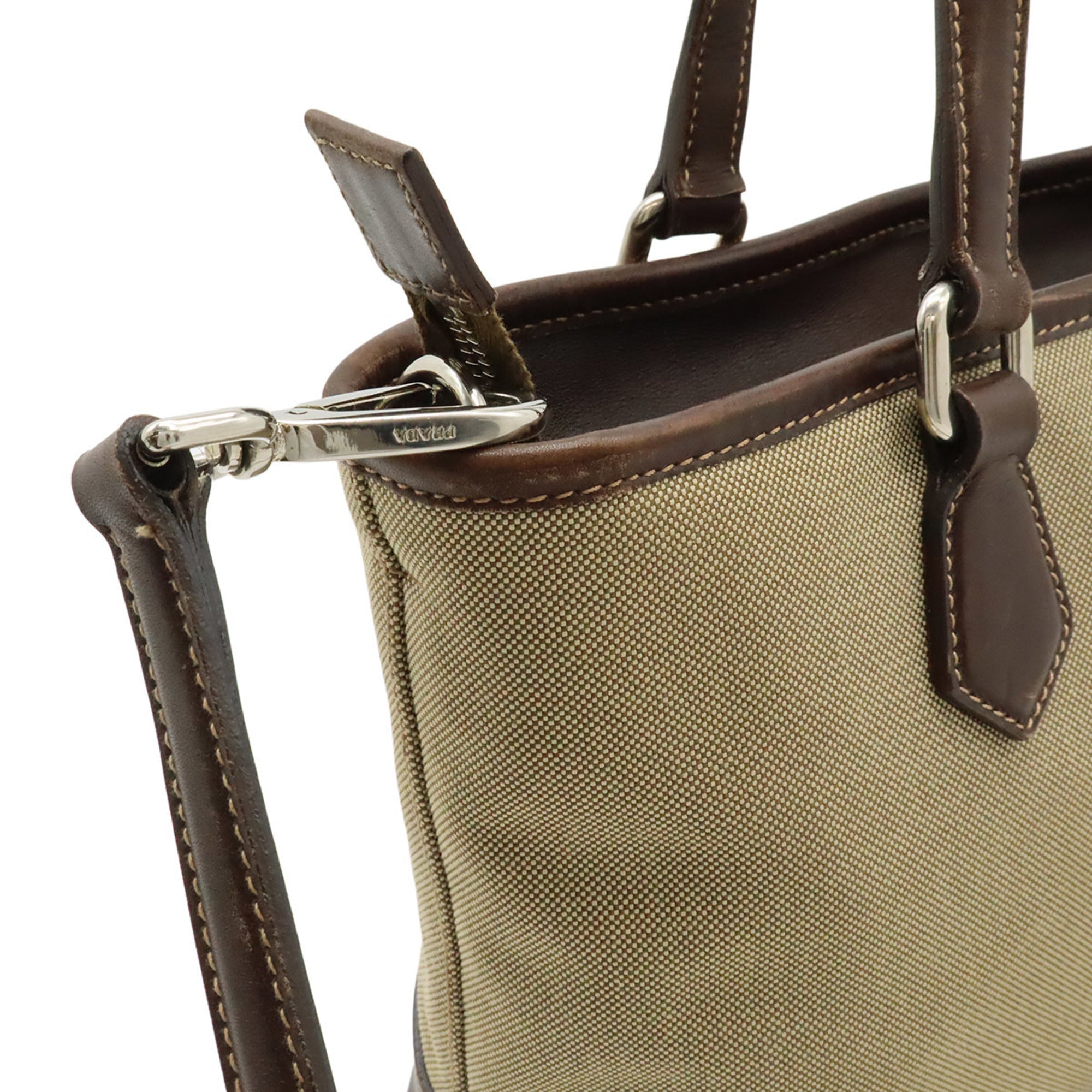 Prada Beige Dark Brown Khaki Canvas Leather Handbag Shoulder Bag (Pre-Owned)