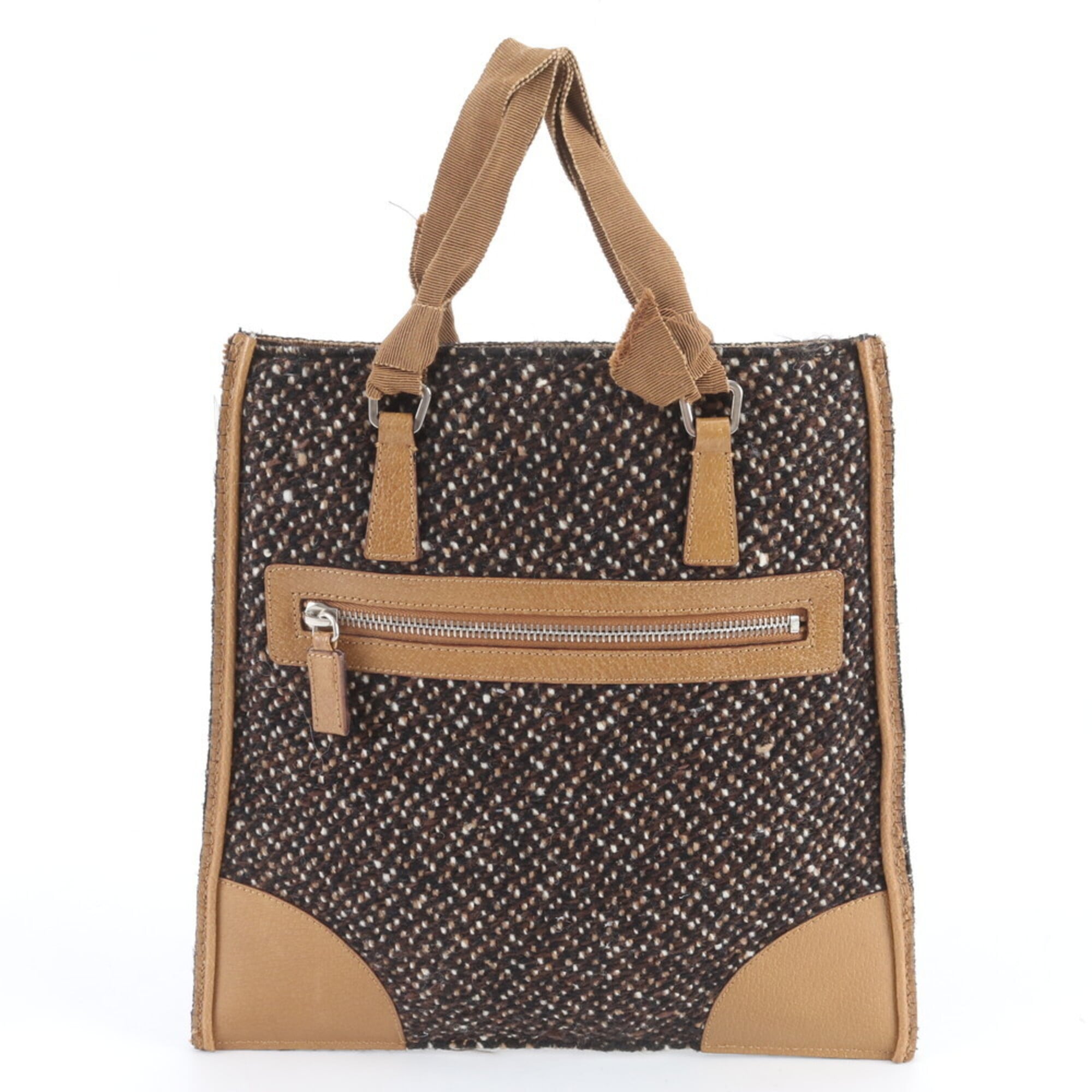 Prada Black Brown Leather Canvas Handbag Tote Bag (Pre-Owned)