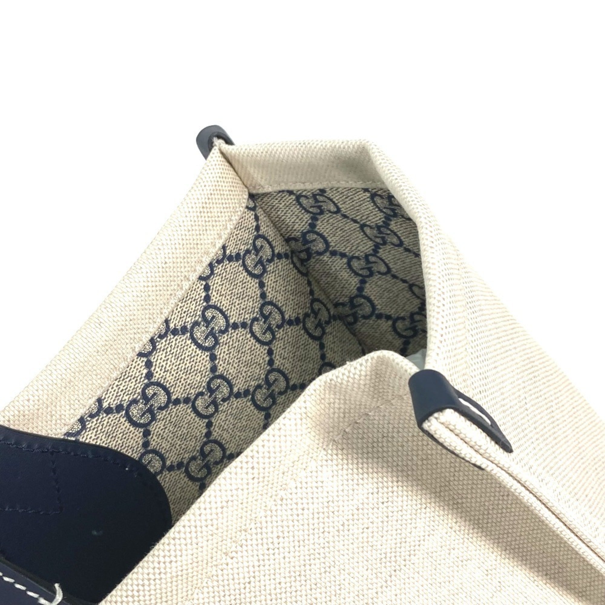 Gucci Beige Black Dark Navy Canvas Leather Shoulder Bag Tote Bag (Pre-Owned)