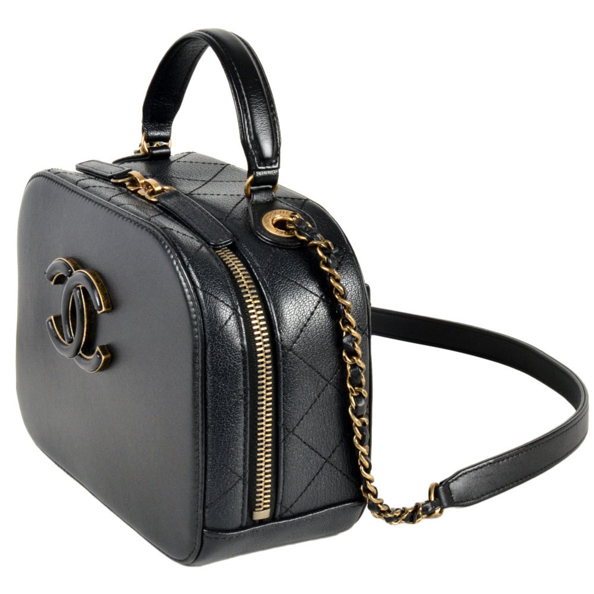 Chanel Black Leather Handbag Shoulder Bag Vanity Bag (Pre-Owned)