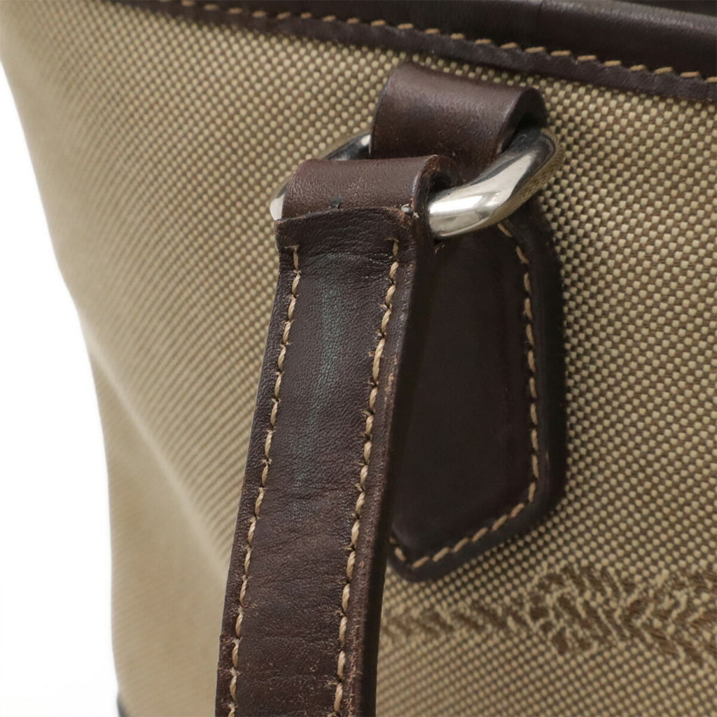 Prada Beige Dark Brown Khaki Canvas Leather Handbag Shoulder Bag (Pre-Owned)