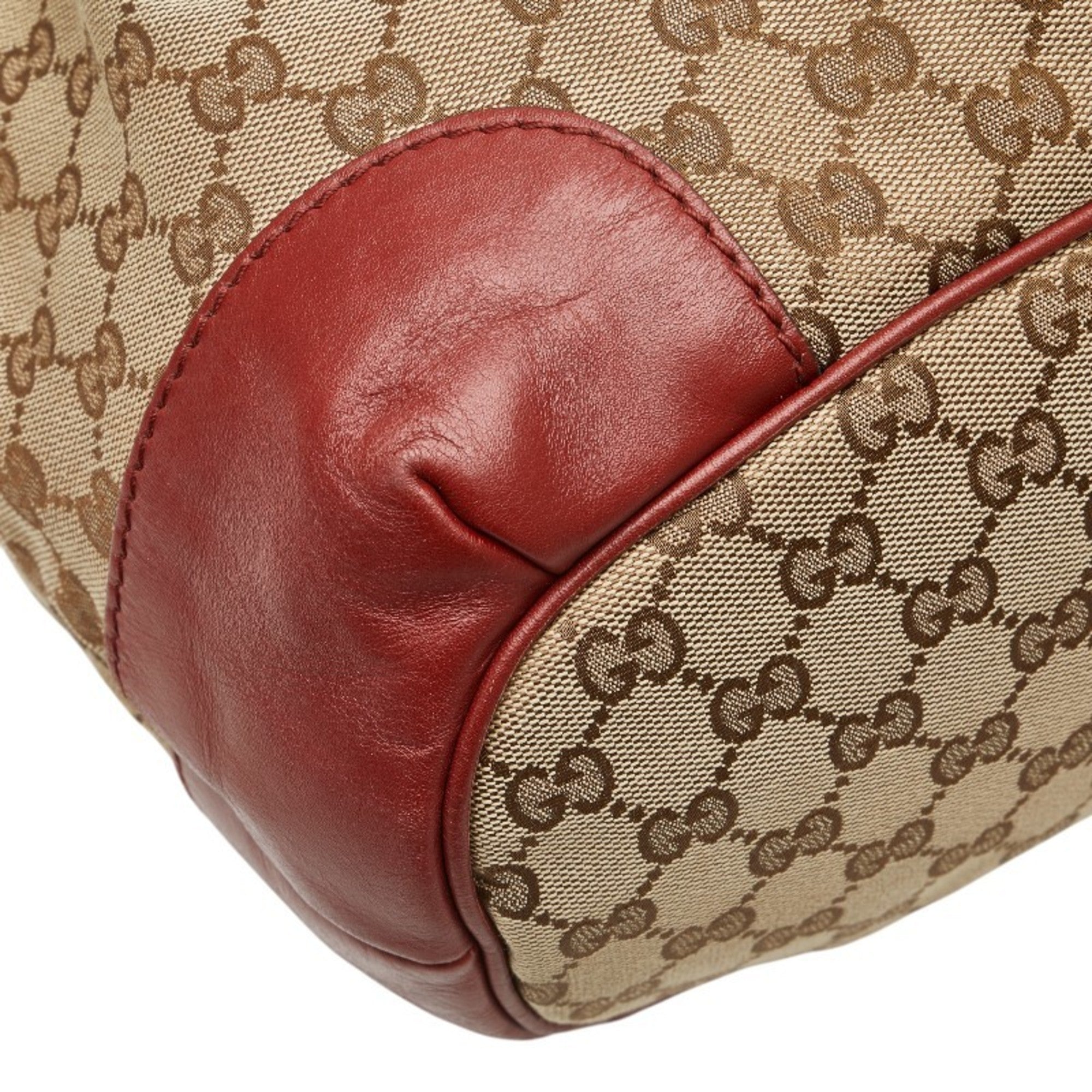 Gucci Beige Red Color Canvas Leather Shoulder Bag Tote Bag (Pre-Owned)
