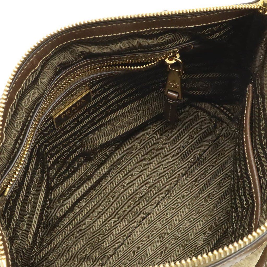 Prada Beige Dark Brown Khaki Canvas Leather Handbag Shoulder Bag (Pre-Owned)