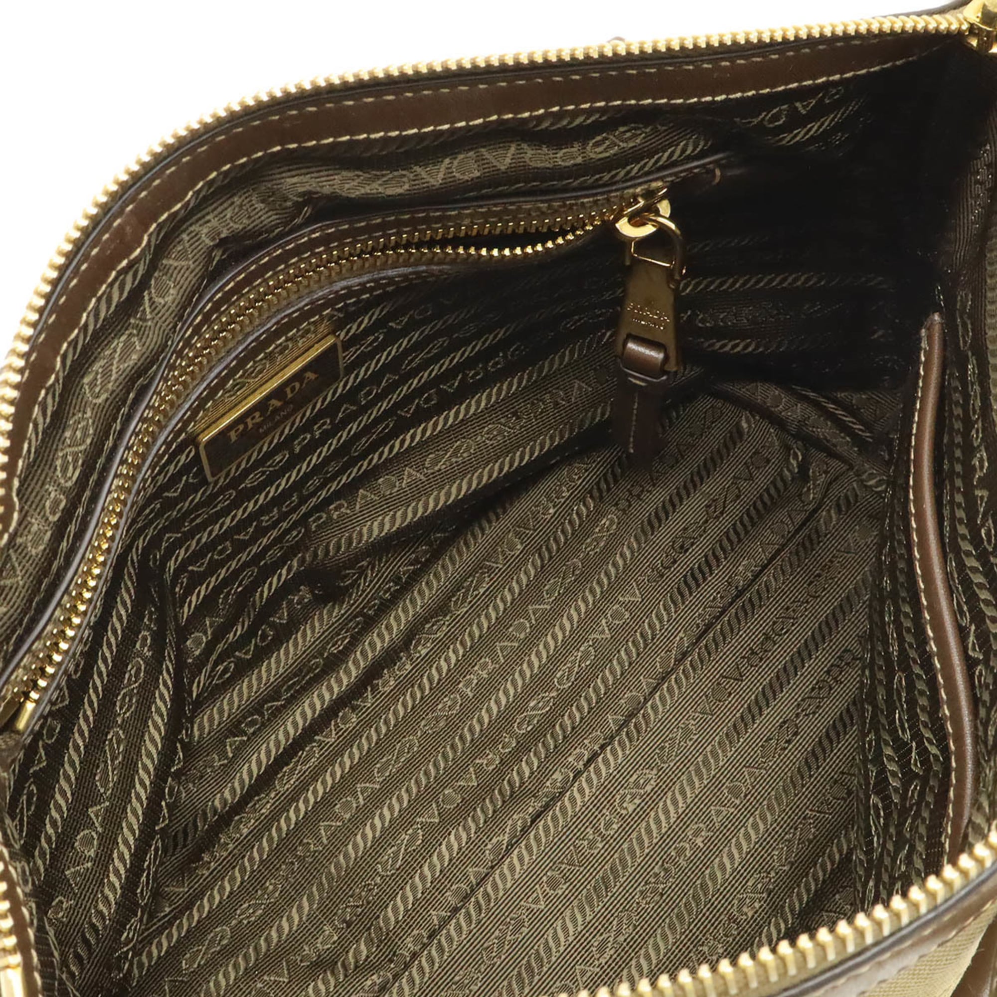 Prada Beige Dark Brown Khaki Canvas Leather Handbag Shoulder Bag (Pre-Owned)