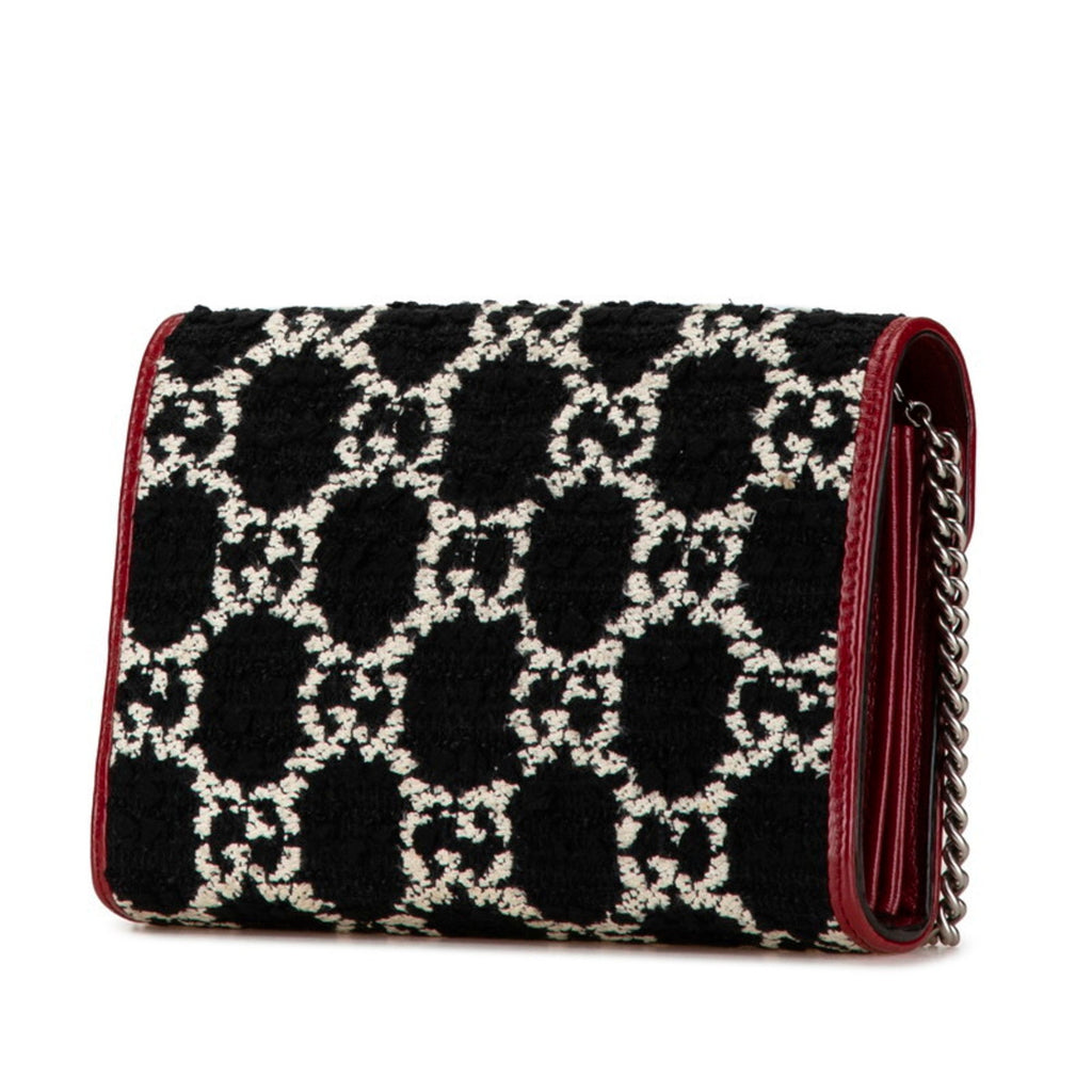 Gucci Black Red Color Tweed Leather Chain/Shoulder Wallet (Pre-Owned)
