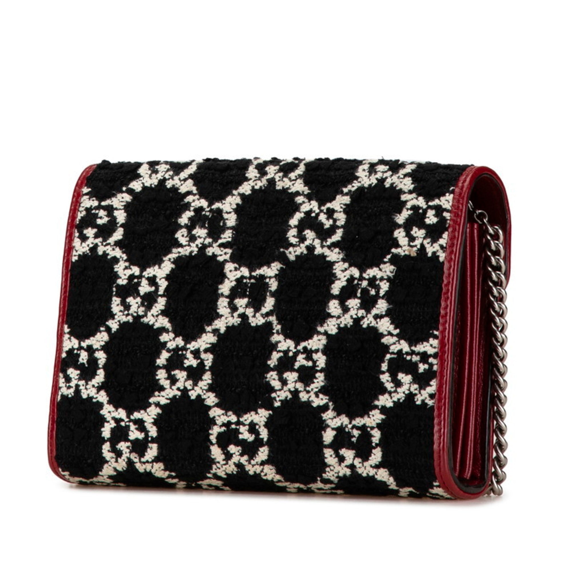 Gucci Black Red Color Tweed Leather Chain/Shoulder Wallet (Pre-Owned)