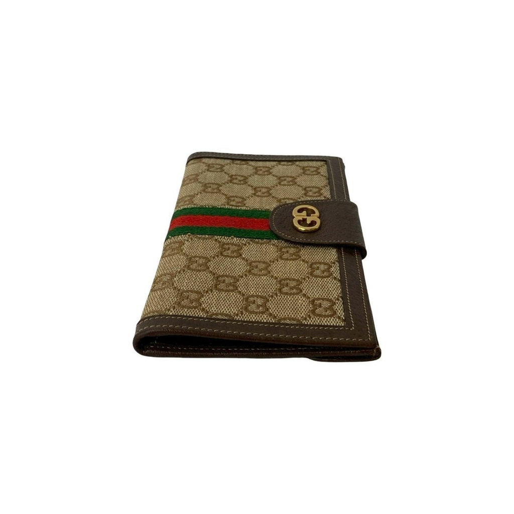 Gucci Brown Green Red Color Leather Canvas Long Wallet (Bi-Fold) (Pre-Owned)