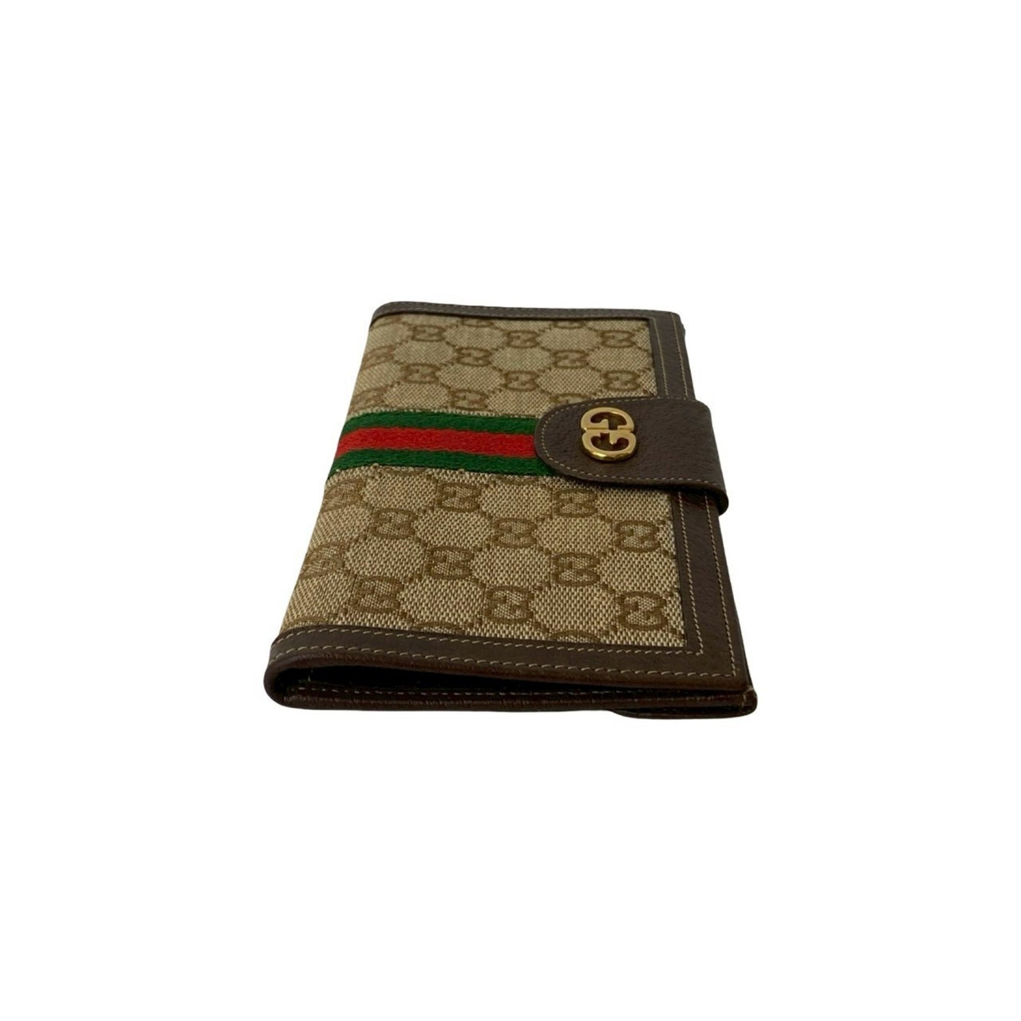 Gucci Brown Green Red Color Leather Canvas Long Wallet (Bi-Fold) (Pre-Owned)