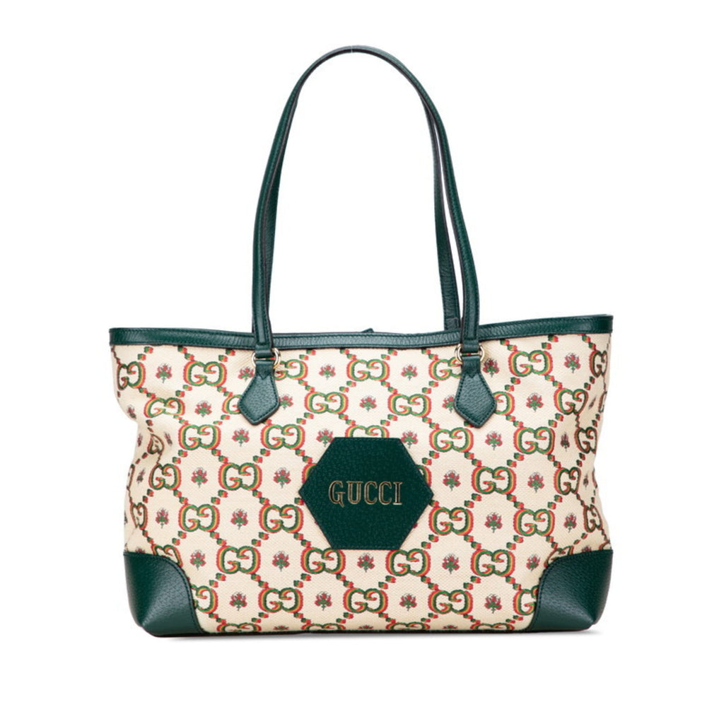 Gucci Ophidia Beige Green Multi-Color Canvas Leather Tote Bag (Pre-Owned)
