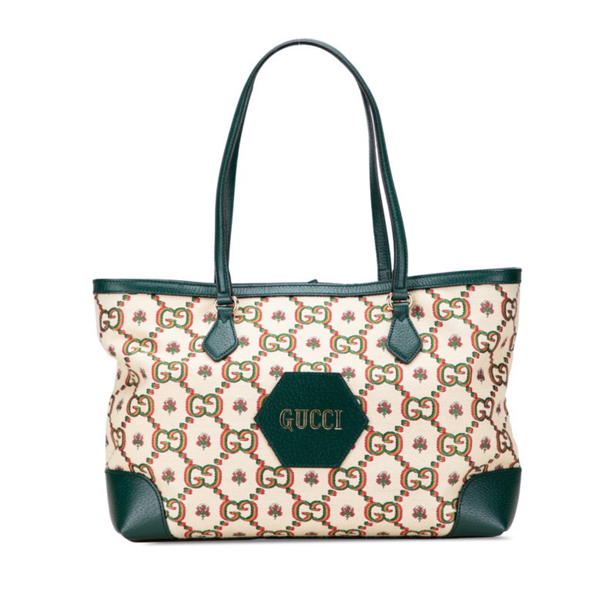 Gucci Ophidia Beige Green Multi-Color Canvas Leather Tote Bag (Pre-Owned)