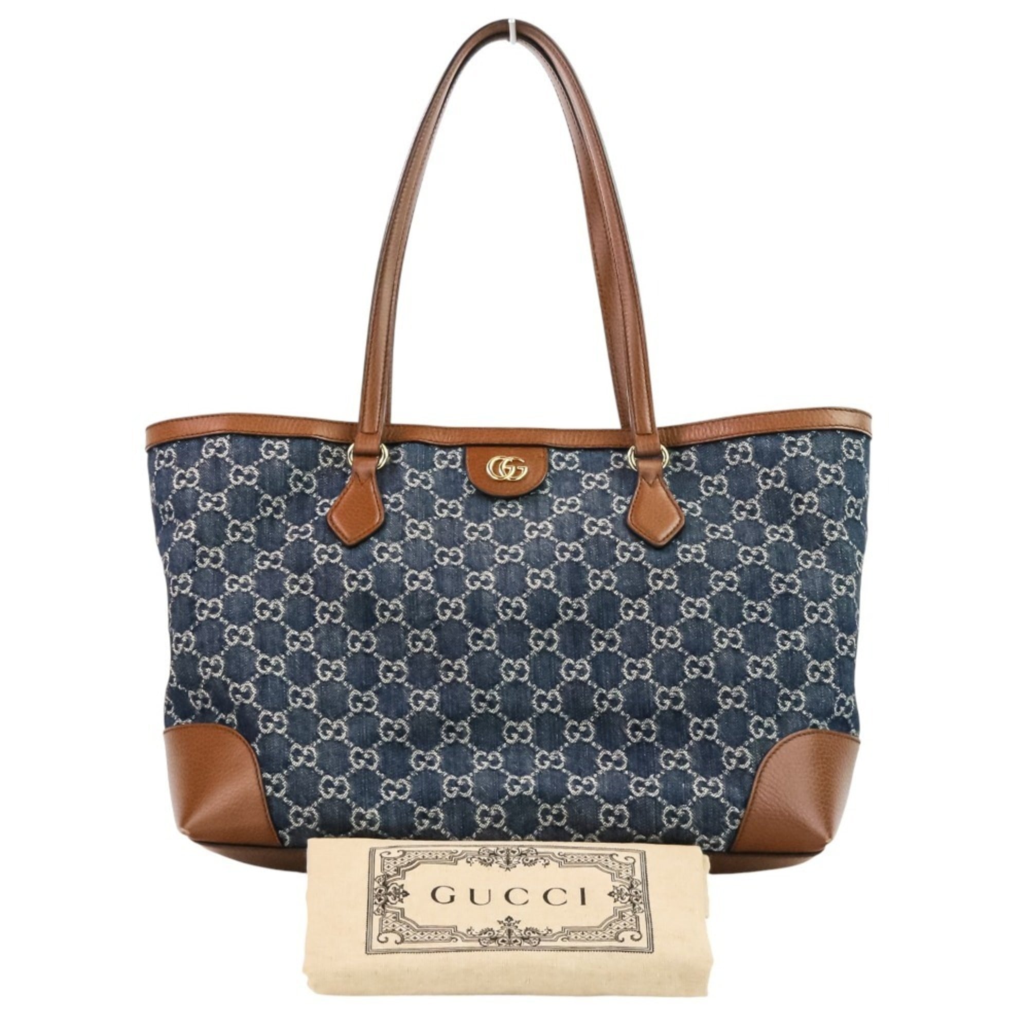 Gucci Brown Dark Blue Denim Leather Tote Bag (Pre-Owned)