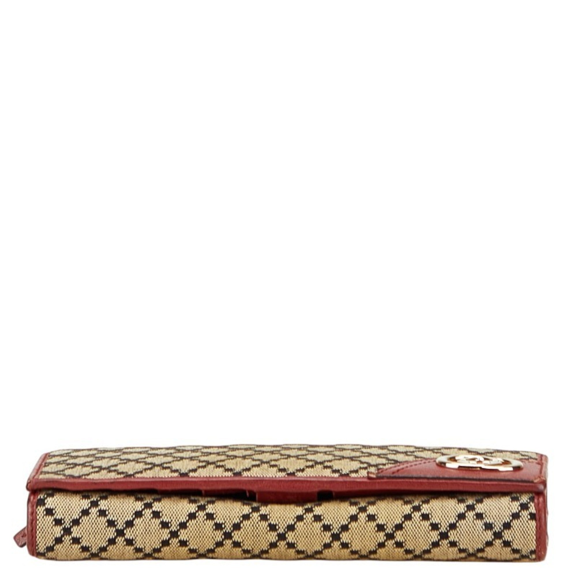 Gucci Beige Red Color Canvas Leather Long Wallet (Bi-Fold) (Pre-Owned)