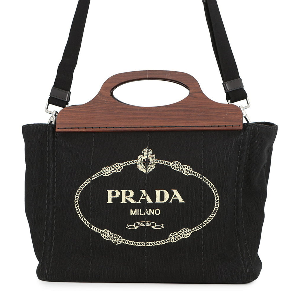 Prada Canapa Black Canvas Wood Handbag Shoulder Bag (Pre-Owned)