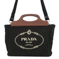 Prada Canapa Black Canvas Wood Handbag Shoulder Bag (Pre-Owned)