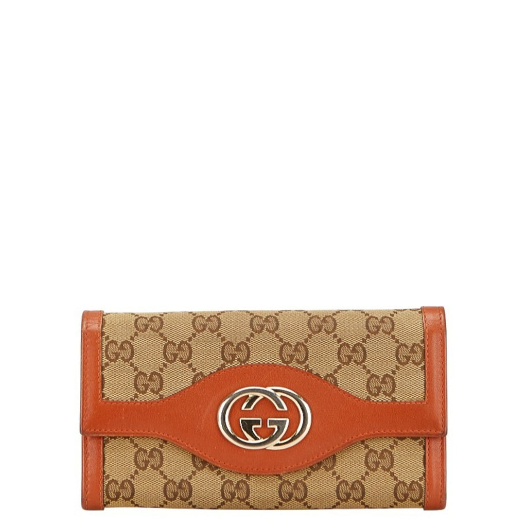 Gucci Beige Brown Gg Canvas Leather Long Wallet (Bi-Fold) (Pre-Owned)