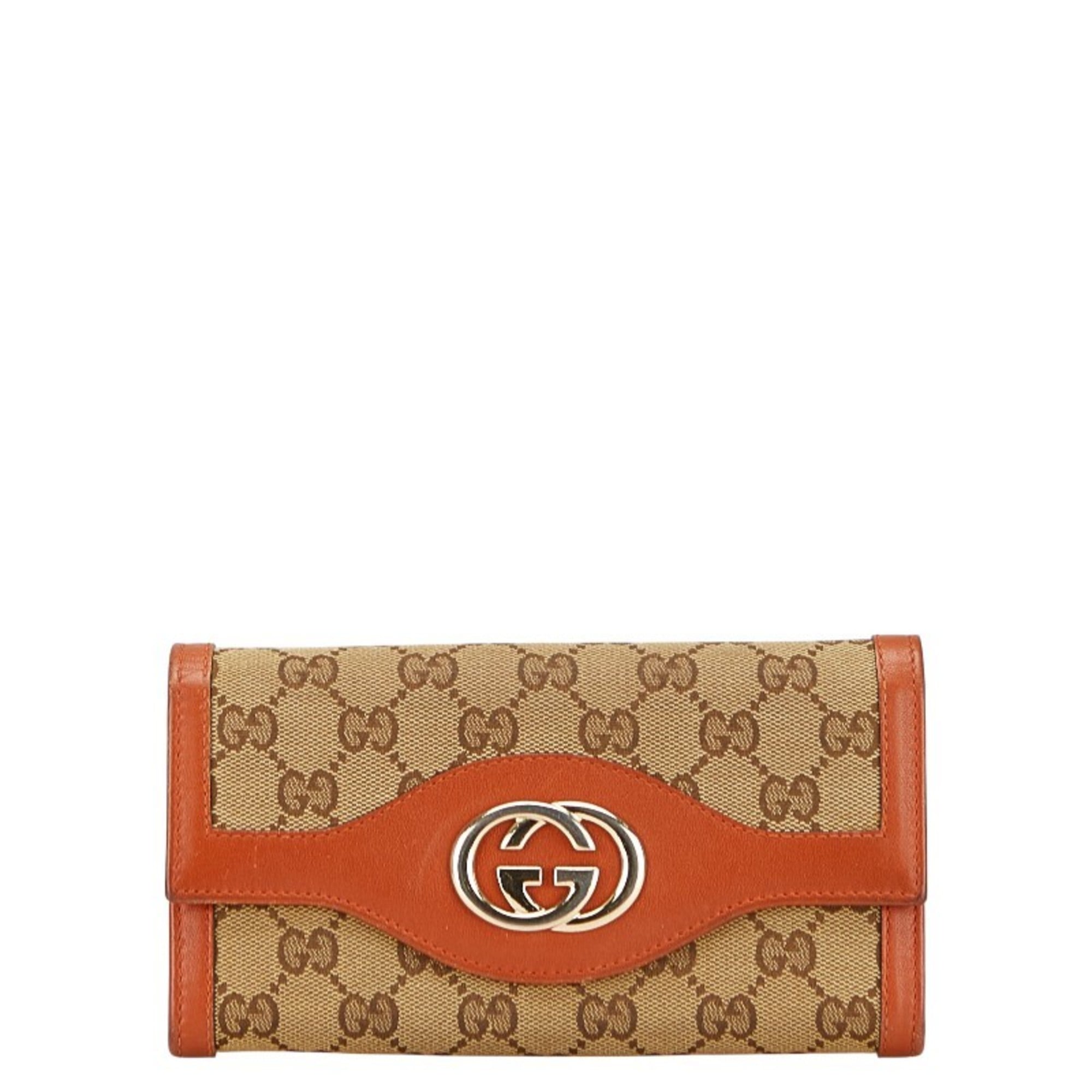 Gucci Beige Brown Gg Canvas Leather Long Wallet (Bi-Fold) (Pre-Owned)