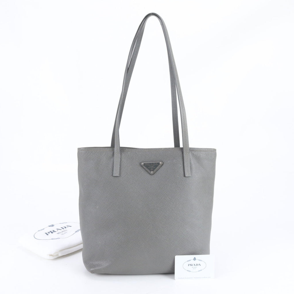 Prada Saffiano Gray Leather Handbag Tote Bag (Pre-Owned)