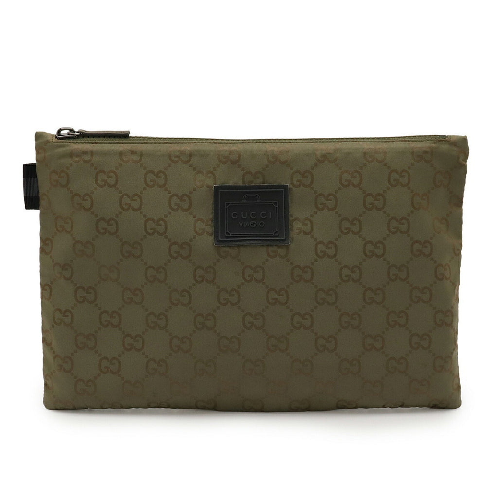Gucci Green Khaki Nylon Leather Clutch Bag Pouch (Pre-Owned)
