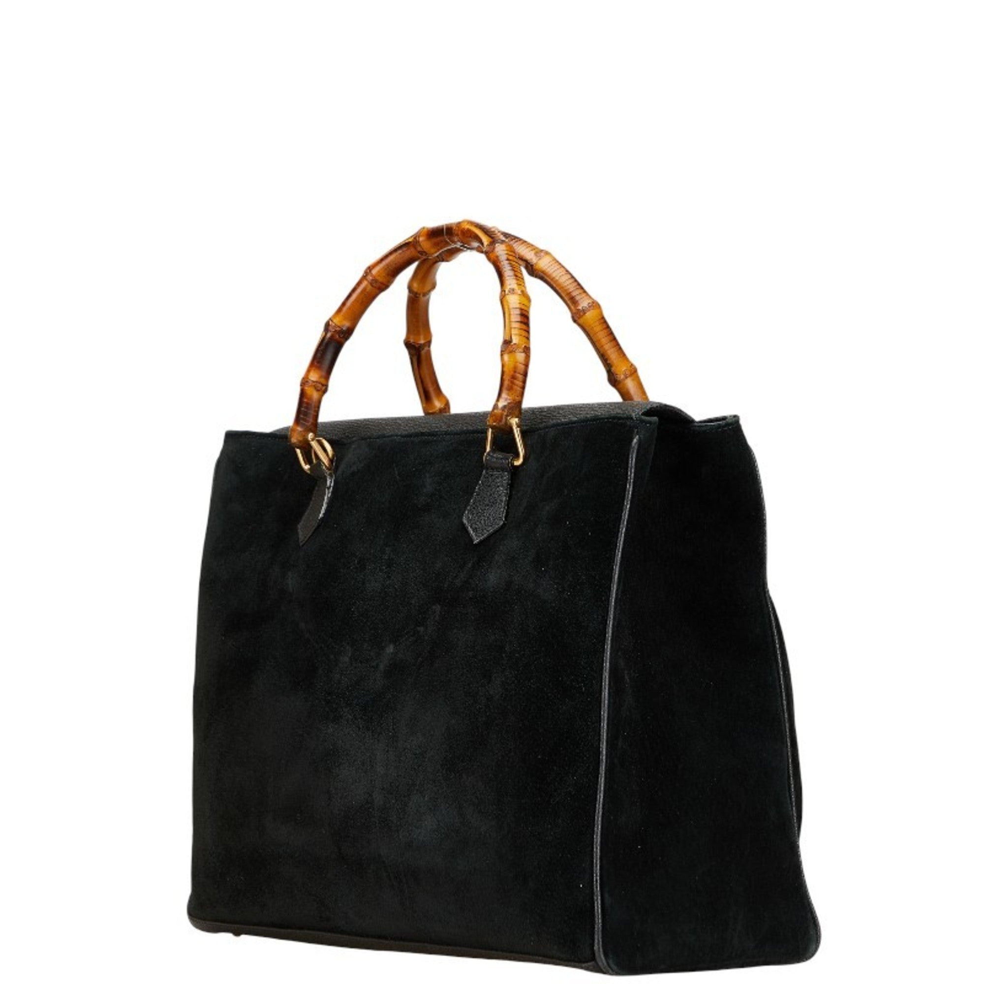 Gucci Bamboo Black Suede Leather Shoulder Bag Tote Bag (Pre-Owned)