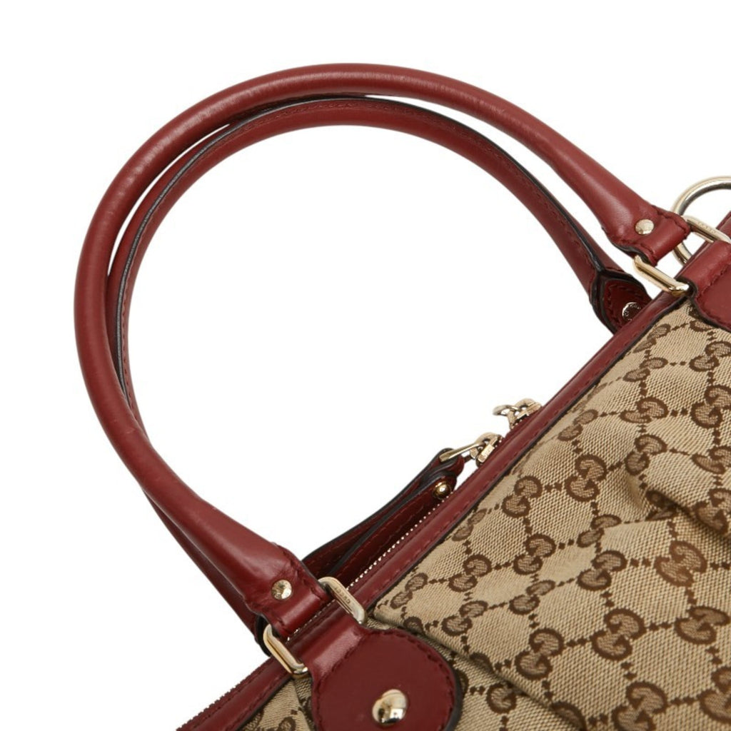 Gucci Beige Red Color Canvas Leather Shoulder Bag Tote Bag (Pre-Owned)