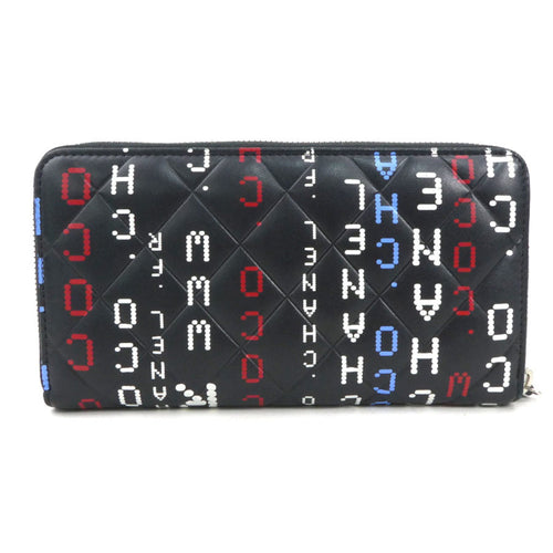 Chanel Black Blue Red Color White Leather Long Wallet (Bi-Fold) (Pre-Owned)