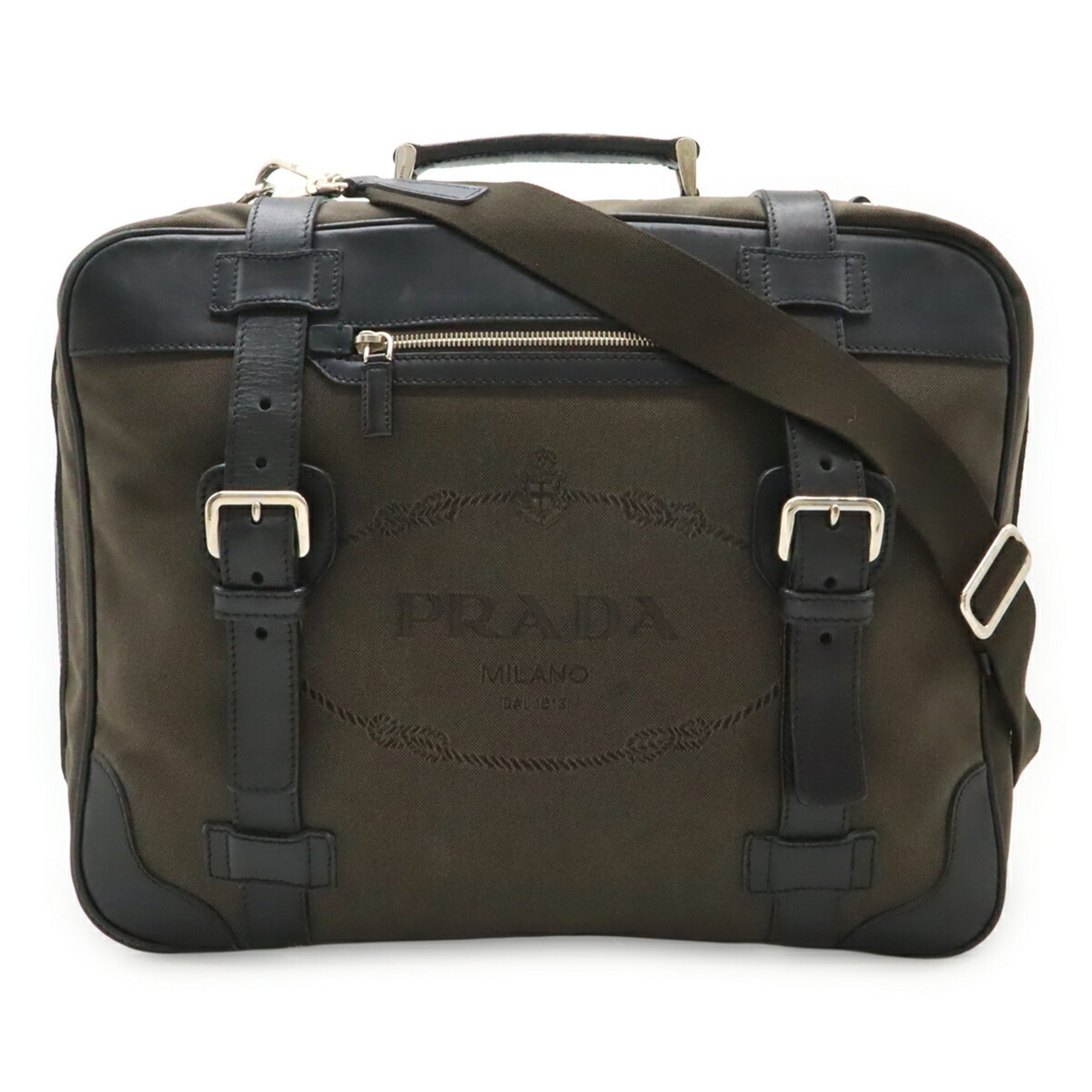 Prada Black Brown Nero Canvas Leather Handbag Shoulder Bag Tote Bag (Pre-Owned)