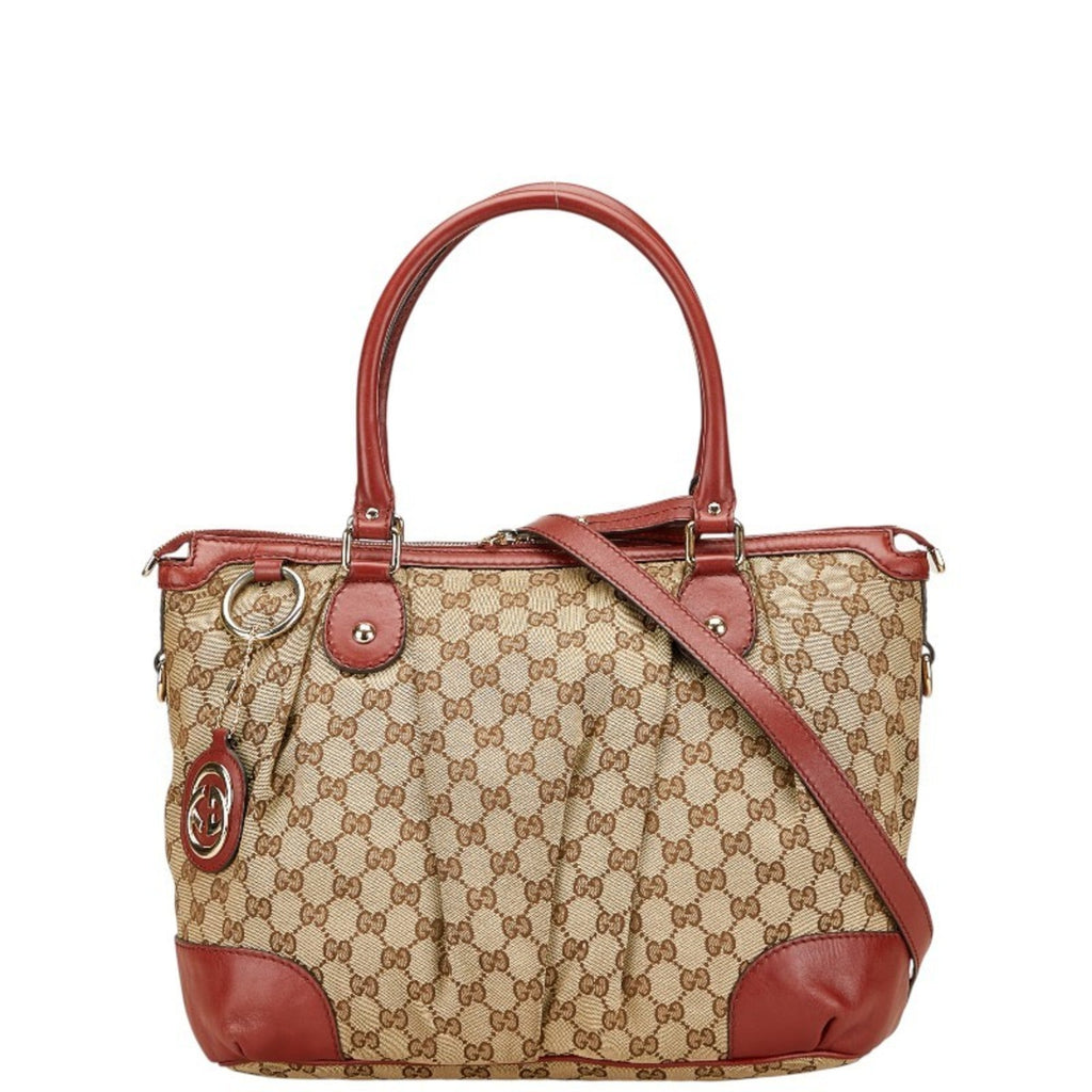 Gucci Beige Red Color Canvas Leather Shoulder Bag Tote Bag (Pre-Owned)