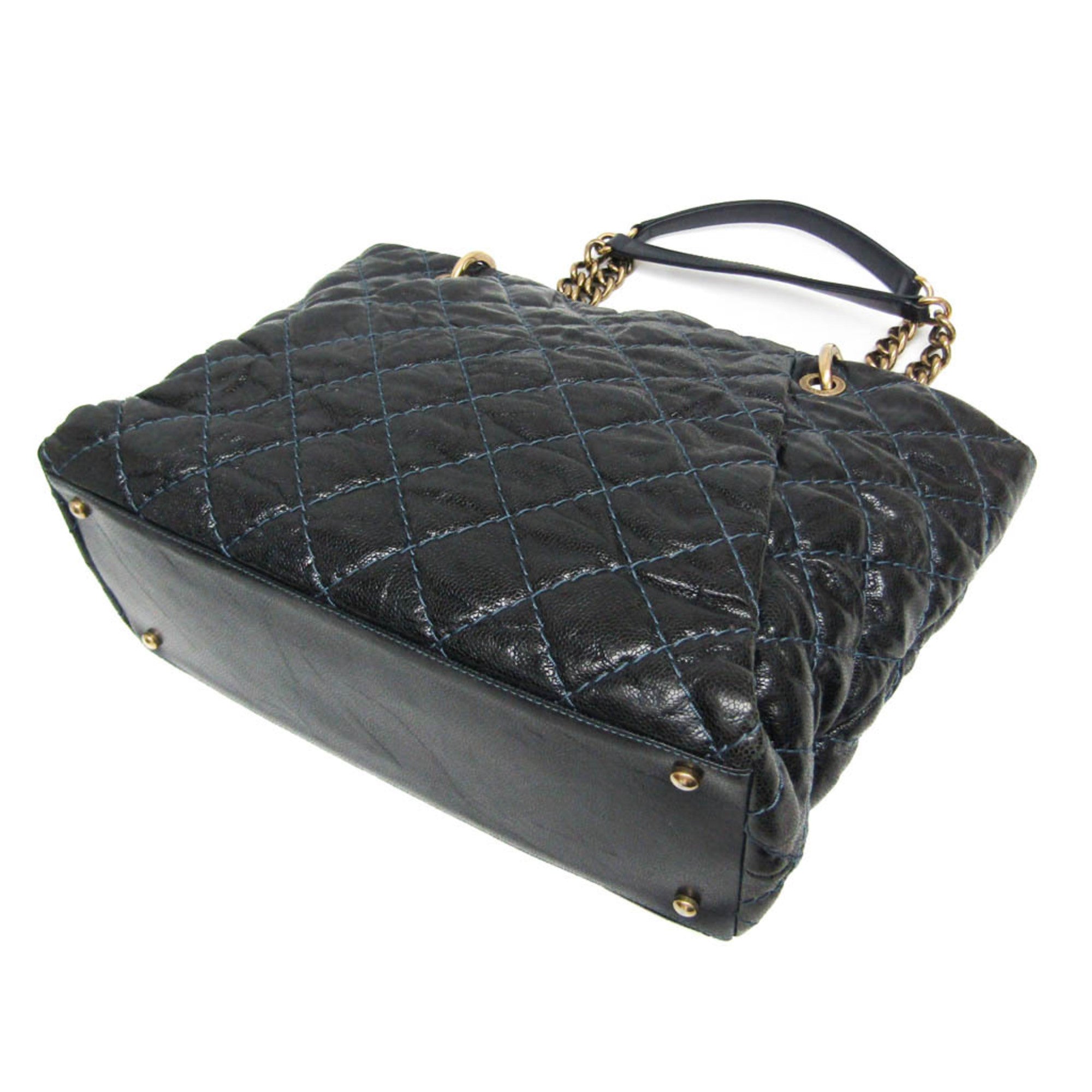Chanel Matelasse Black Navy Grained Calfskin Tote Bag (Pre-Owned)