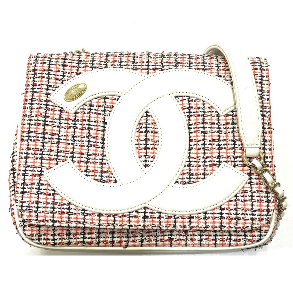 Chanel Red Color White Tweed Leather Pochette Shoulder Bag (Pre-Owned)