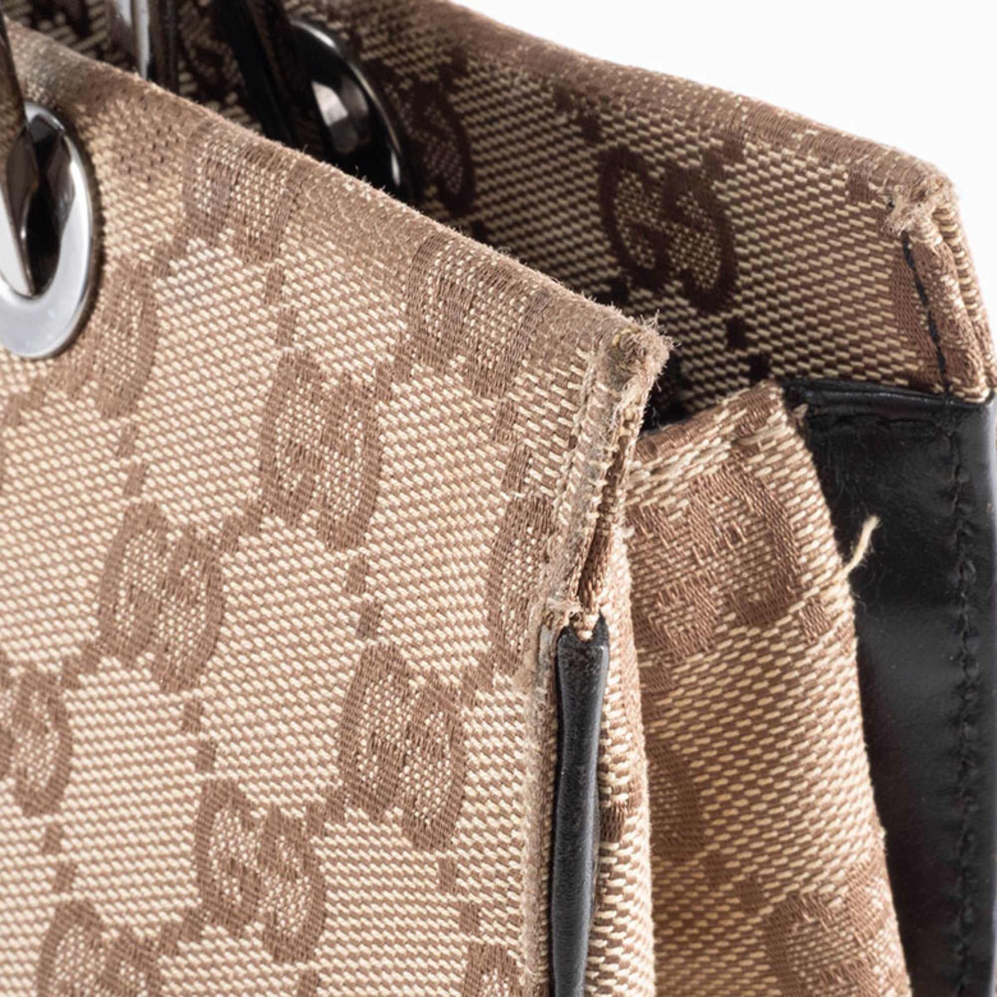 Gucci Beige Black Bamboo Canvas Handbag (Pre-Owned)