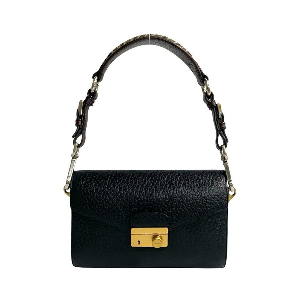 Prada Black Brown Tweed Leather Handbag Shoulder Bag (Pre-Owned)