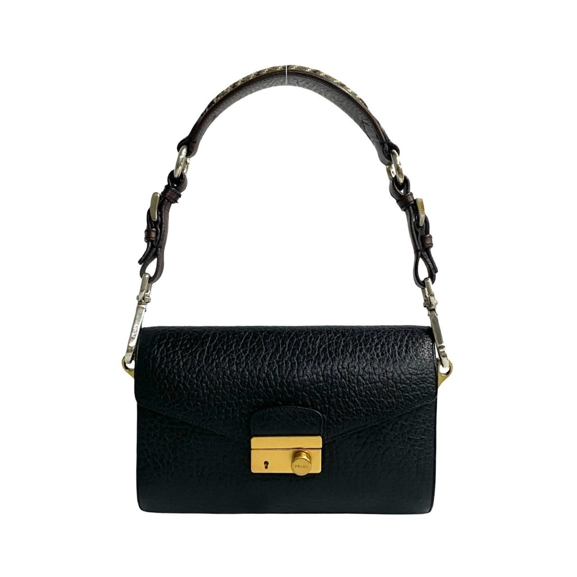 Prada Black Brown Tweed Leather Handbag Shoulder Bag (Pre-Owned)