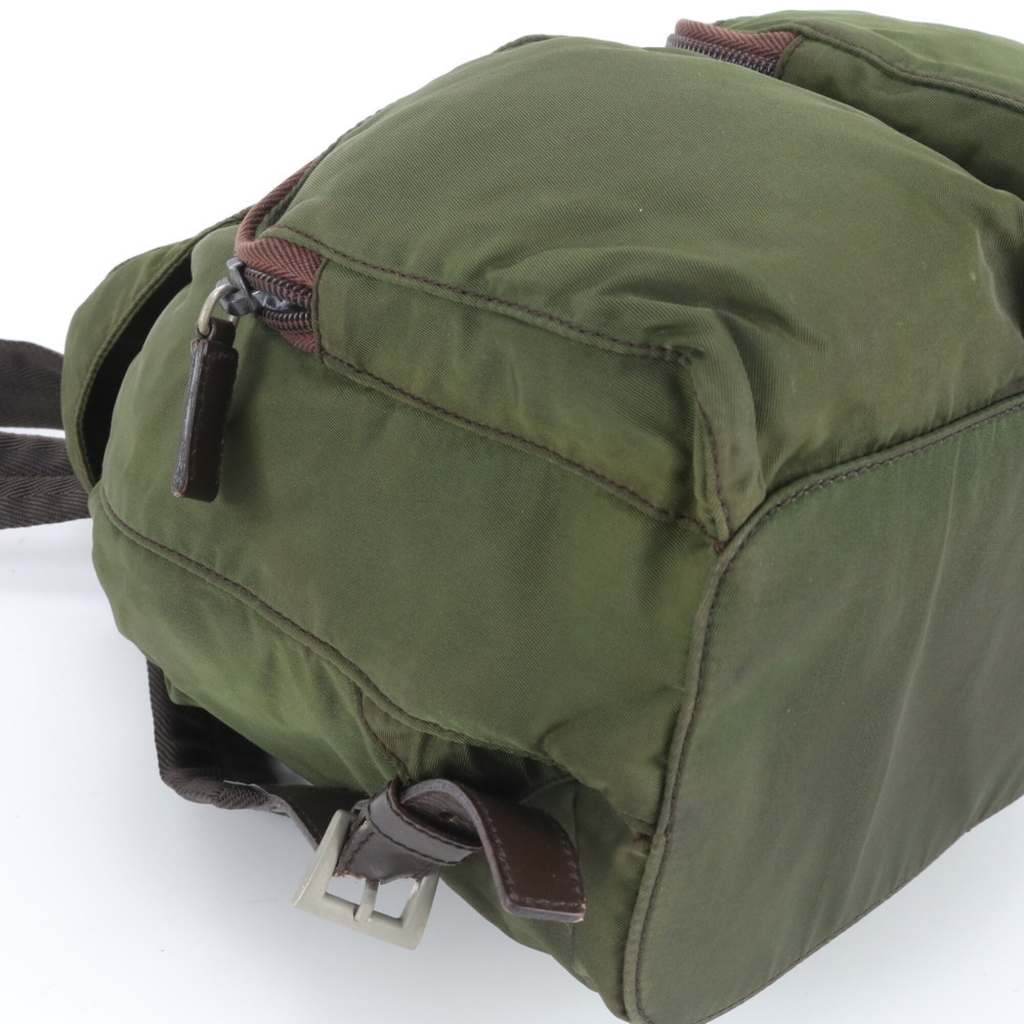 Prada Brown Green Nylon Leather Backpack (Pre-Owned)