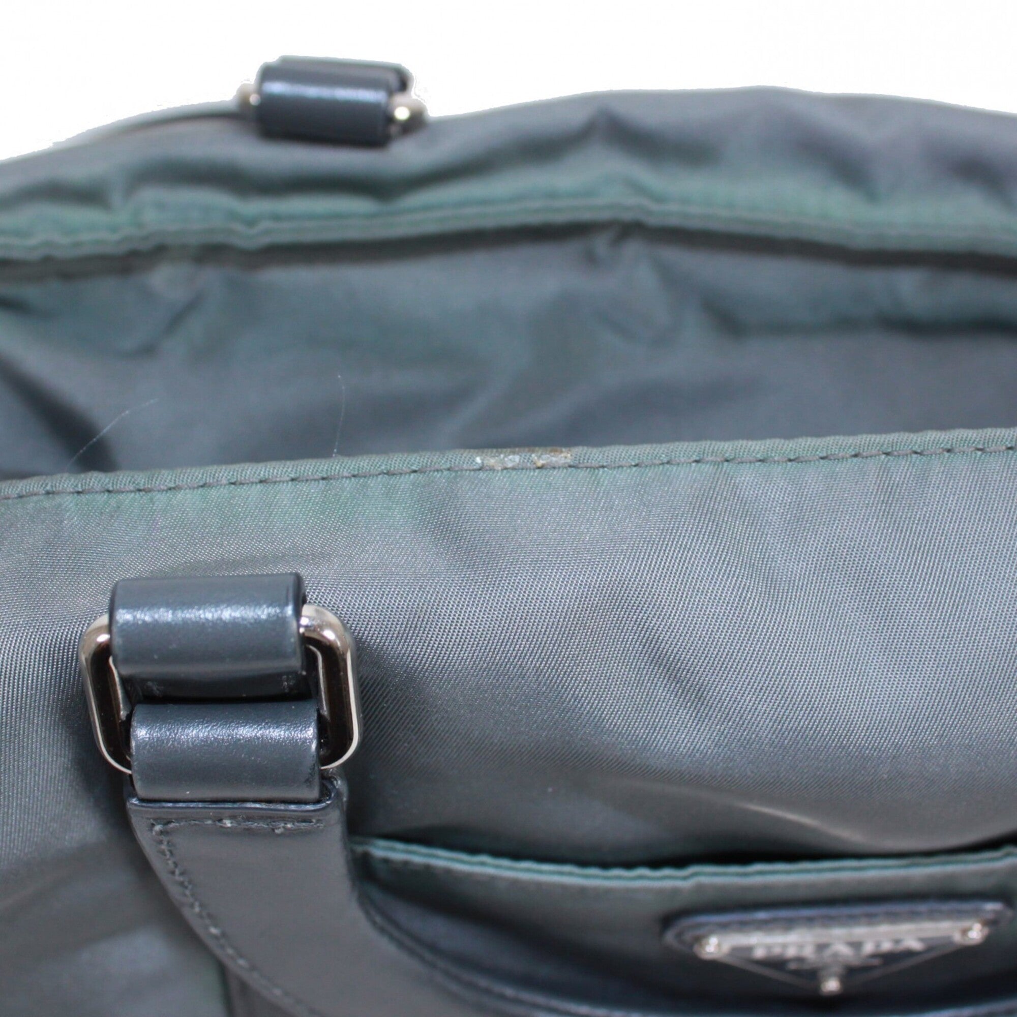 Prada Gray Khaki Nylon Leather Tote Bag (Pre-Owned)