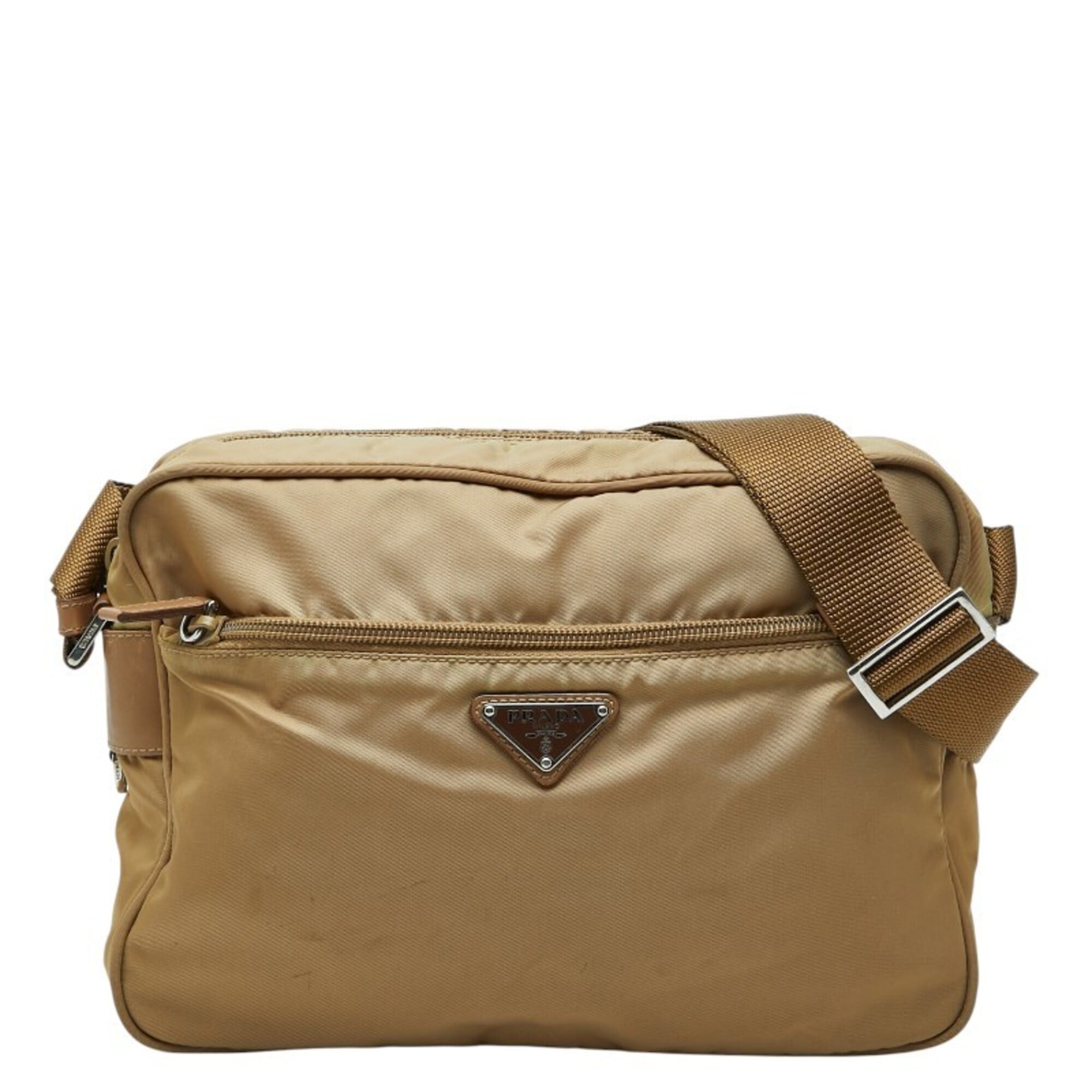 Prada Beige Brown Nylon Leather Shoulder Bag (Pre-Owned)